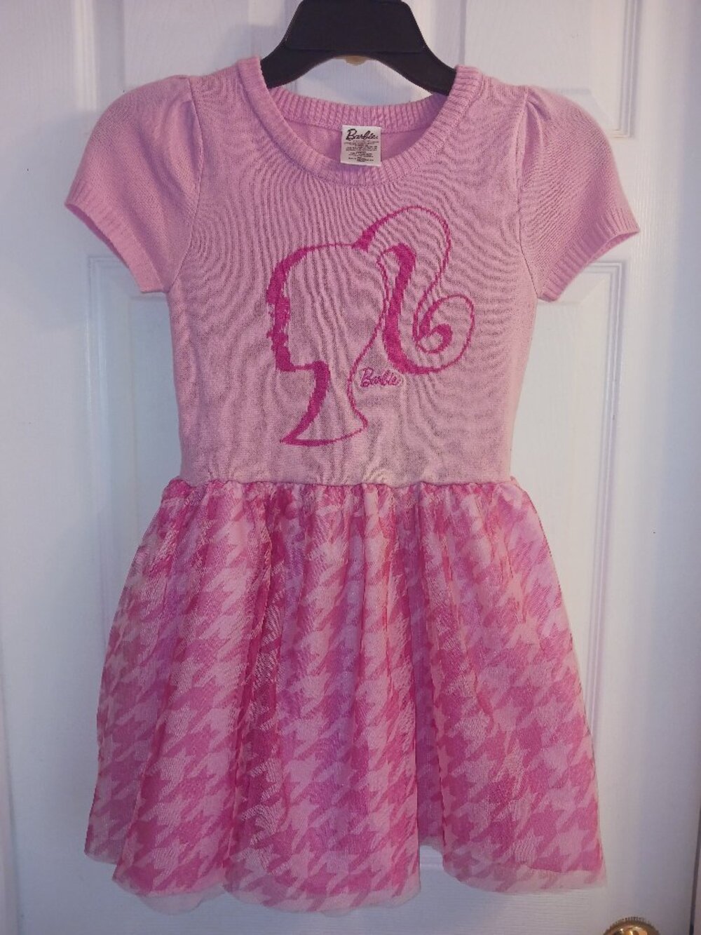 Barbie Girls Pink Short Sleeve Sweater Dress 7-8 Knit Puff Sleeve Houndstooth